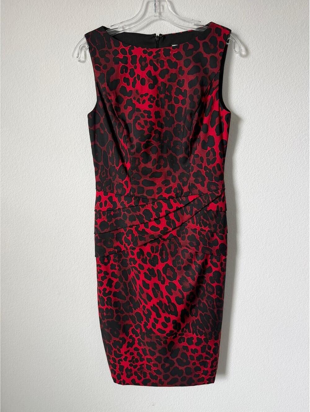 Cache Black/Red Animal Print Sleeveless Pleating Waist Sheath Dress Size 4